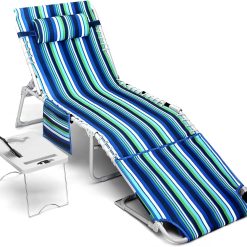 Special Beach Chair Face Holes, Lounge Chair Outdoor with Folding Side Table, 5-Position Recliner, Max 330lbs
