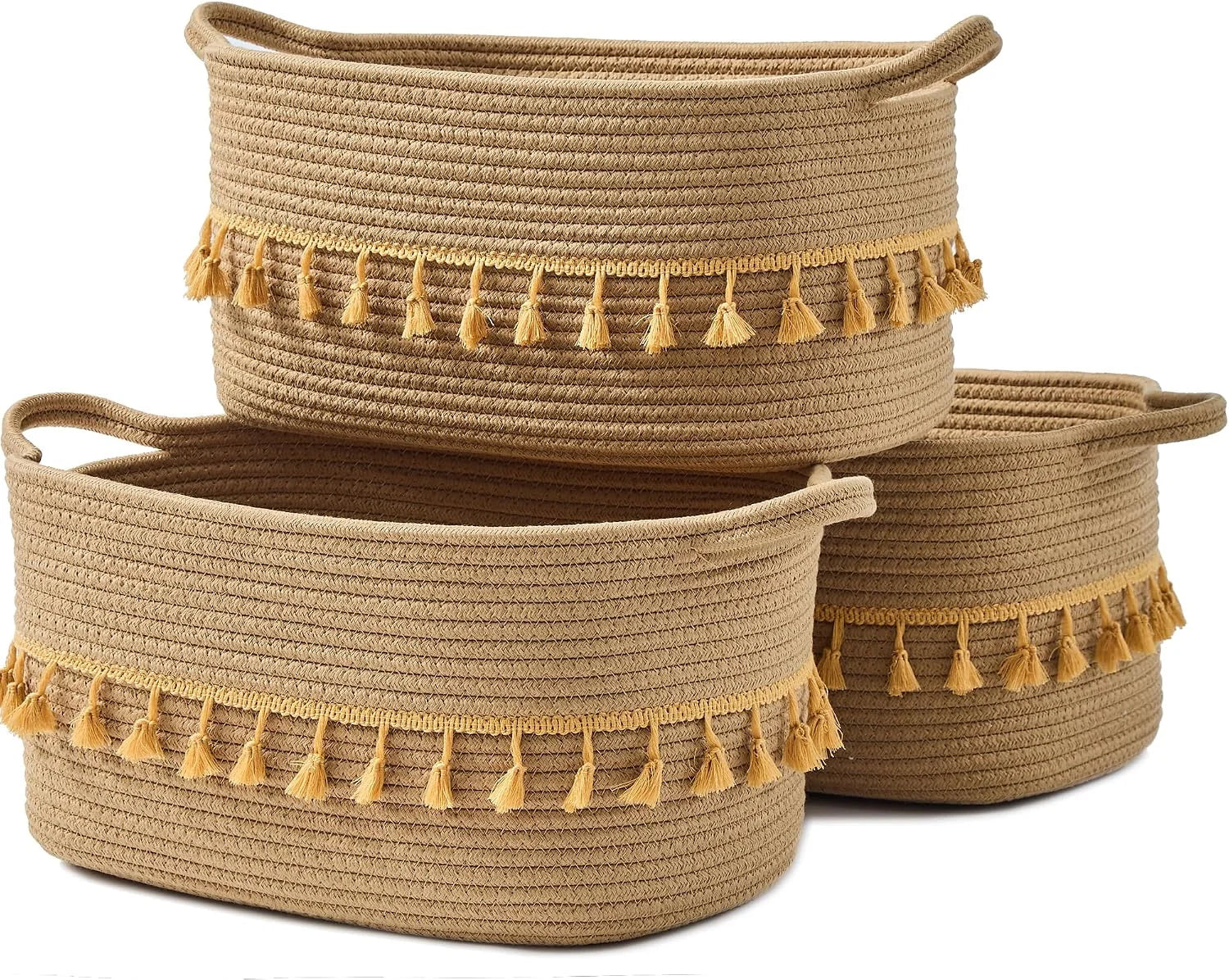 Special Basket, Woven Baskets for Shelves, White/Brown, 3 Pack Boho Cotton Rope Storage Baskets - Image 5
