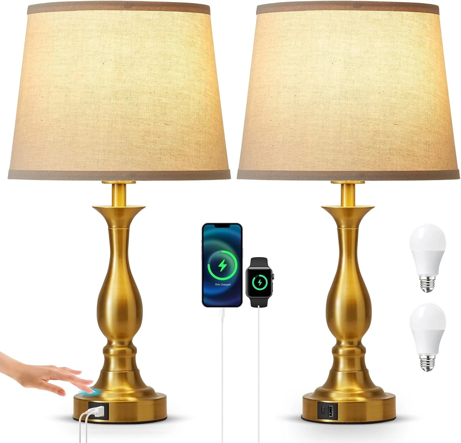 Special Bedside Table Lamp Touch Control Bedroom Lamps with USB A and C Charging Port 3 Way Dimmable Touch Lamps for Nightstand
