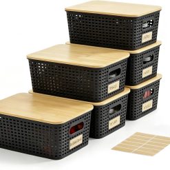 Special Small Plastic Storage Bins with Bamboo Lids 5.2qt Stackable Box Basket Pantry Decorative Containers Cute