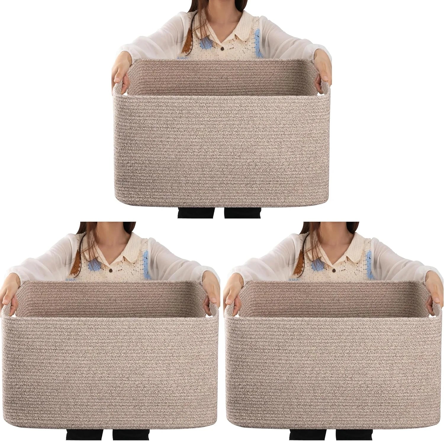 Special Large Blanket Basket, Storage Baskets with Handle, Rectangle Woven Cotton Rope Basket, Toy Organizer Bins, 22 x - Image 4