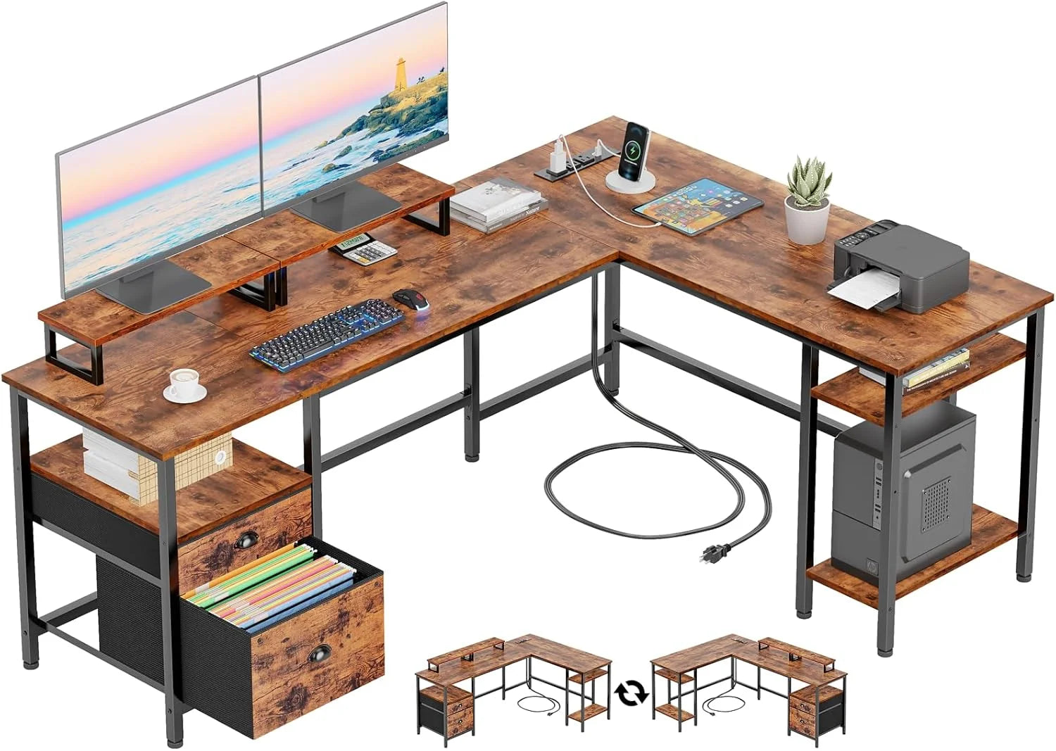 Special Furologee 66" L Shaped Desk with Power Outlet, Reversible Home Office Desk with File Drawer, 2 Monitor Stands - Image 2