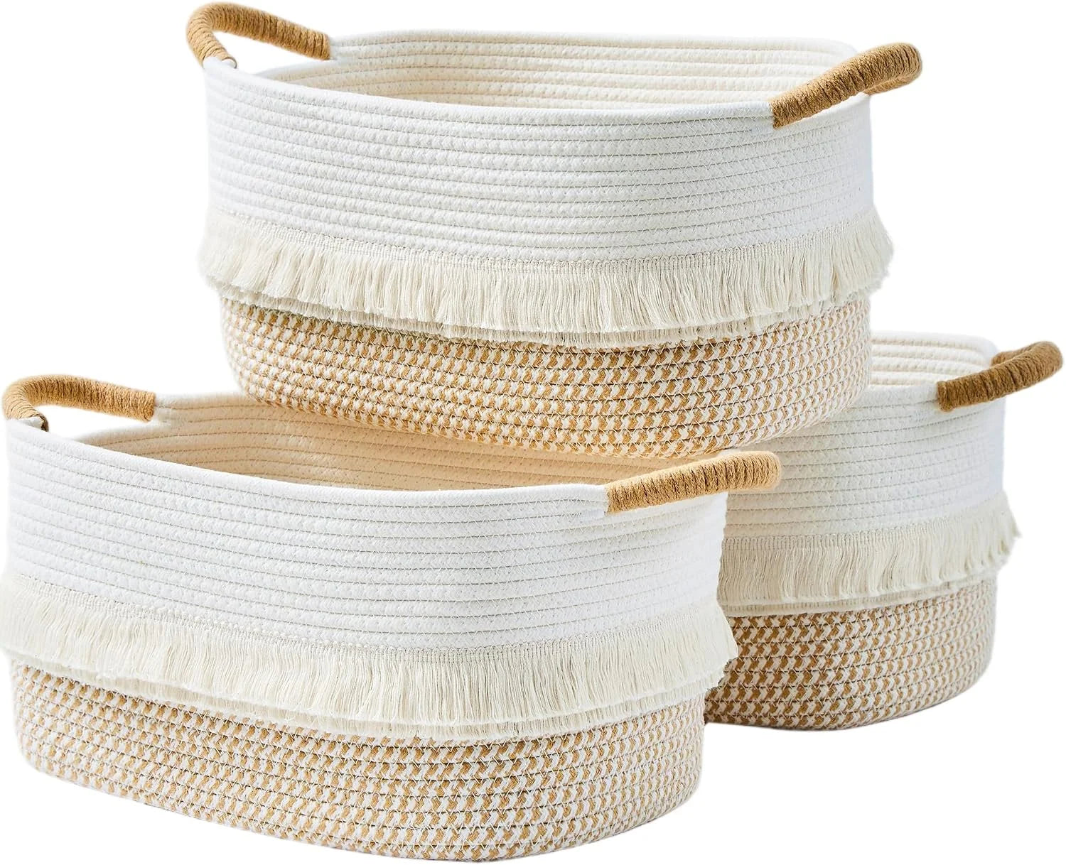 Special Basket, Woven Baskets for Shelves, White/Brown, 3 Pack Boho Cotton Rope Storage Baskets - Image 9