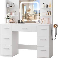 Special 43 Large White Makeup Vanity Desk with Charging Station, Smart LED Mirror, 7 Drawers, 4 Shelves