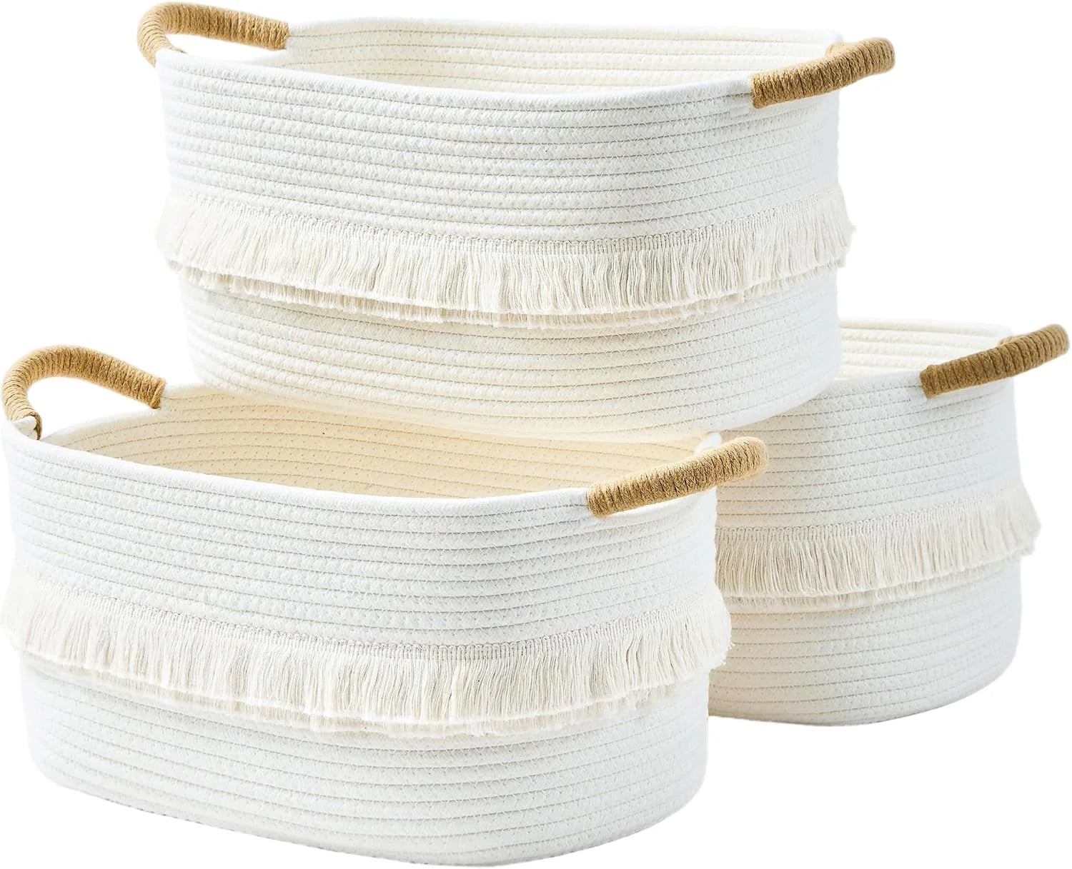 Special Basket, Woven Baskets for Shelves, White/Brown, 3 Pack Boho Cotton Rope Storage Baskets - Image 8