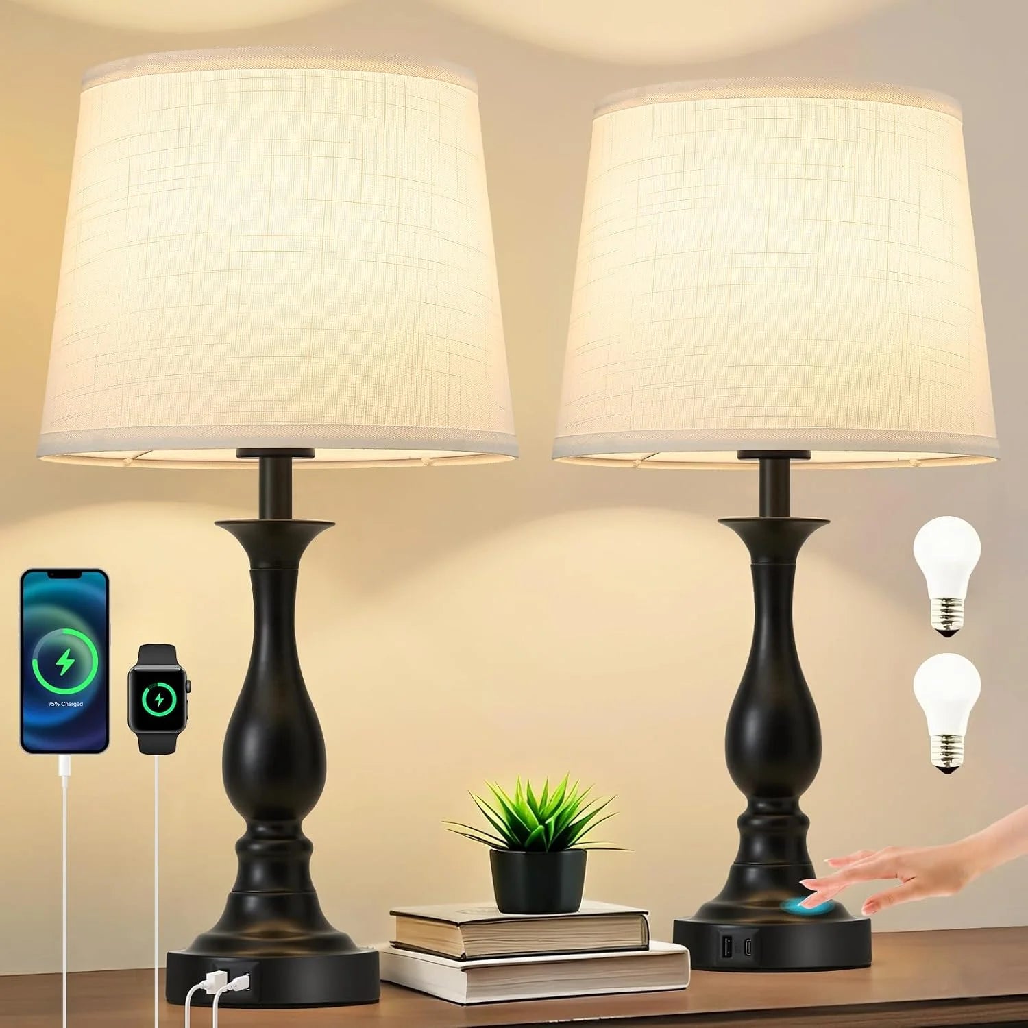 Special Bedside Table Lamp Touch Control Bedroom Lamps with USB A and C Charging Port 3 Way Dimmable Touch Lamps for Nightstand - Image 8