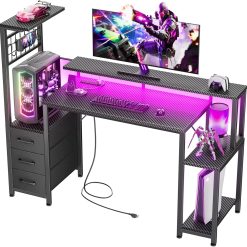 Alternative view of Special 48 Inch Gaming Desk with LED Lights & Power Outlets, Computer Desk with Fabric Drawers & Side Hook