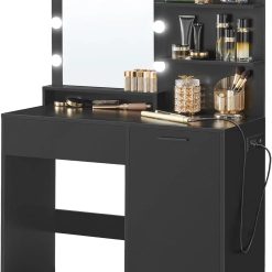 Alternative view of Special VASAGLE KAILYN Collection, Vanity Desk with Mirror and 9 LED Bulbs, Dressing Table with 9 Drawers
