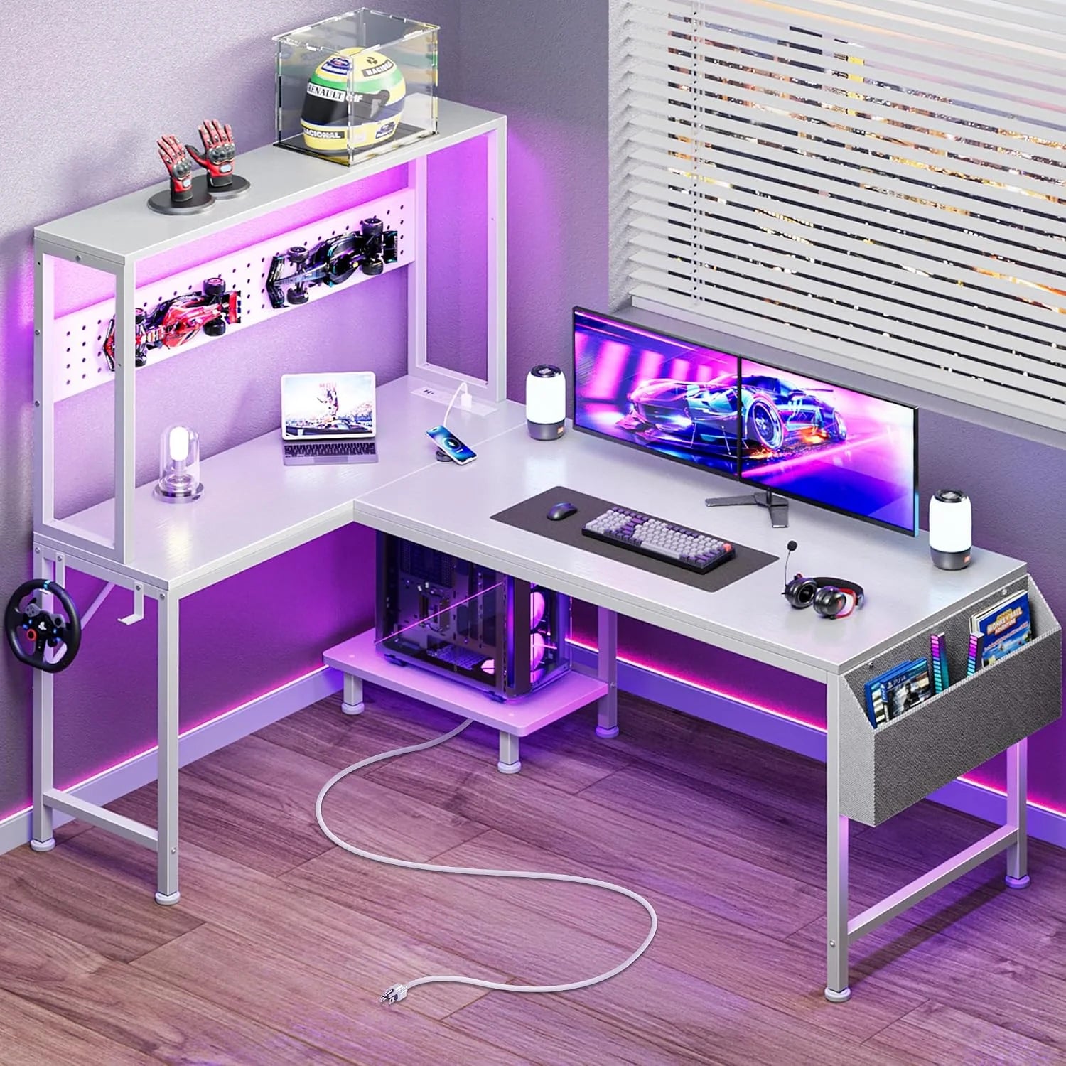 Special L Shaped Gaming Desk with LED Lights & Power Outlets, Reversible Computer Desk with Storage Shelves & Bag - Image 9