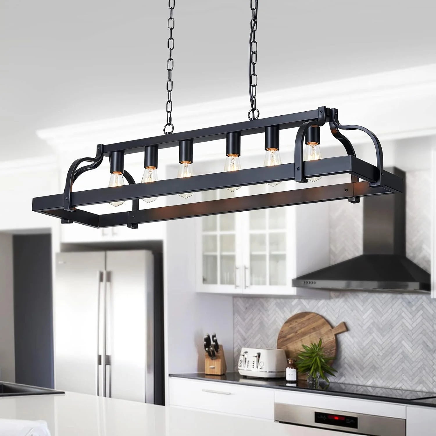 Special 5-Light Metal Chandelier Imitation Wood Grain Linear Pendant Ceiling Lighting Rustic Farmhouse Fixture Kitchen - Image 7