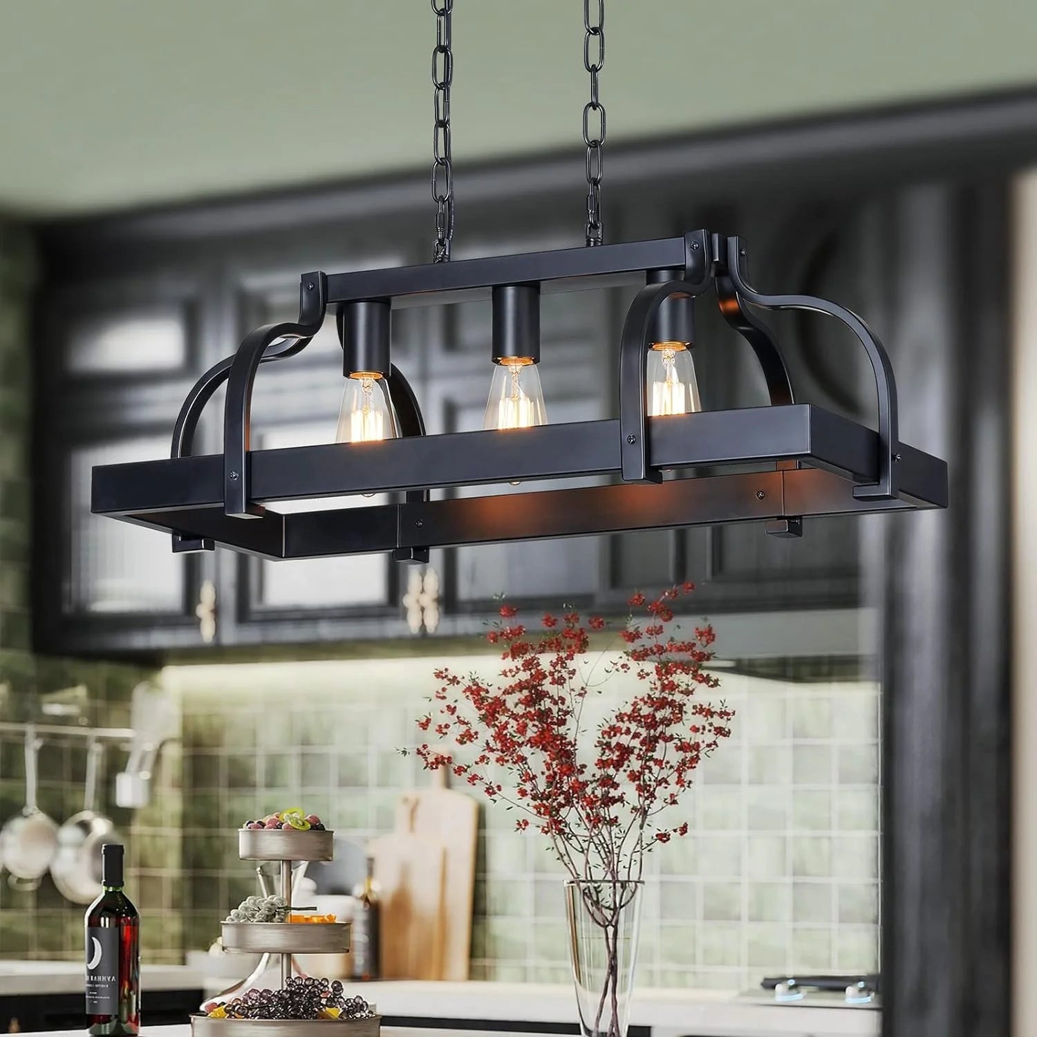 Special 5-Light Metal Chandelier Imitation Wood Grain Linear Pendant Ceiling Lighting Rustic Farmhouse Fixture Kitchen - Image 9