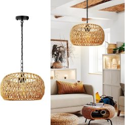Alternative view of Special Jump 5-Lights Boho Rattan Chandelier for Dining Room, 19 Farmhouse Chandelier Light Fixtures with Fabric Shade