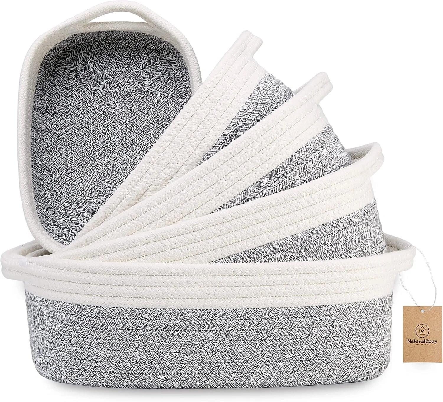 Special 5-Piece Rectangle Storage Basket Set- Natural Cotton Rope Woven for Organizing! Small Basket