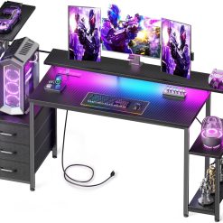 Special 48 Inch Gaming Desk with LED Lights & Power Outlets, Computer Desk with Fabric Drawers & Side Hook