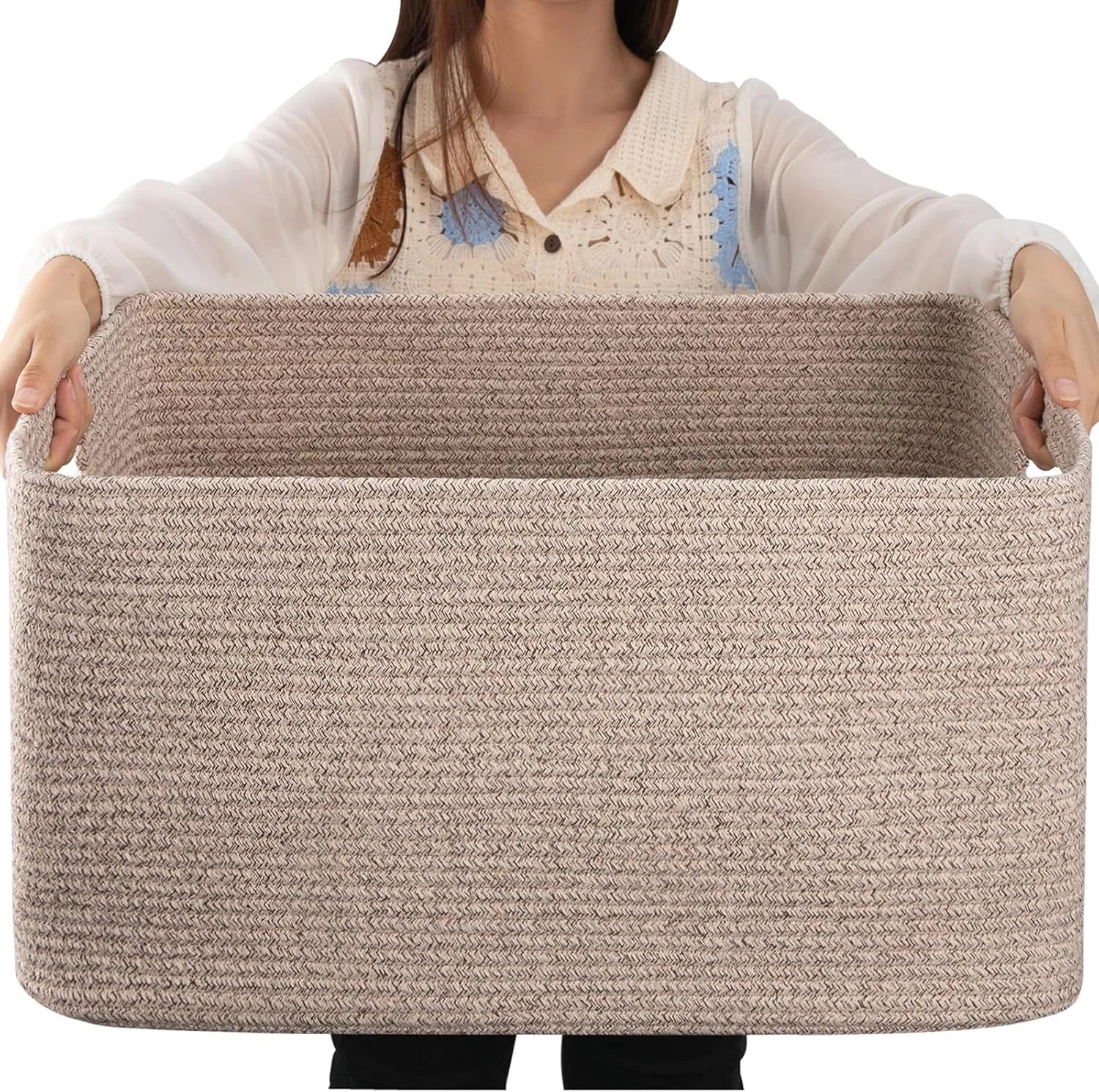 Special Large Blanket Basket, Storage Baskets with Handle, Rectangle Woven Cotton Rope Basket, Toy Organizer Bins, 22 x - Image 5