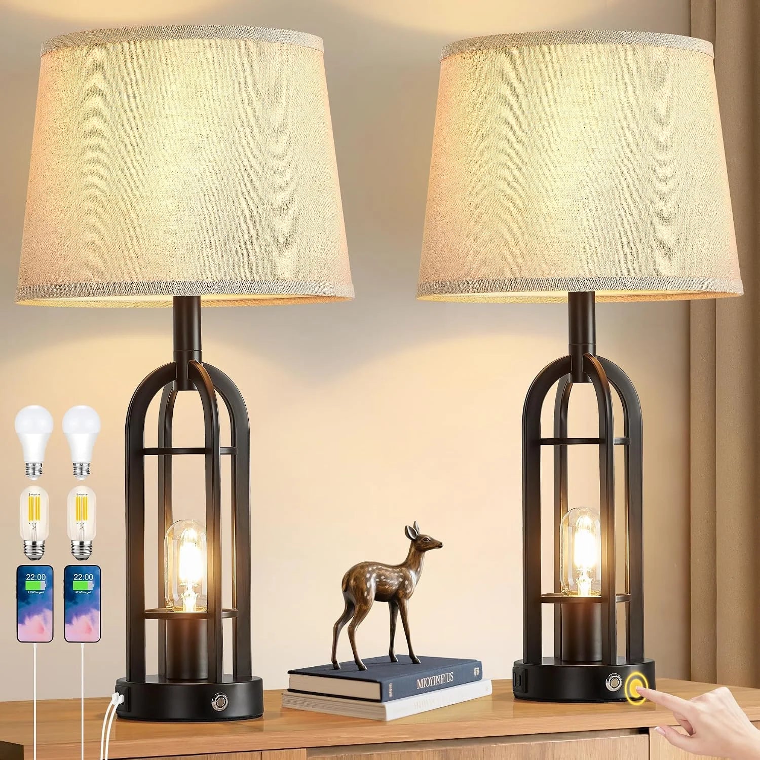 Special Black Table Lamps for Living Room Set of 2, Farmhouse Lamps for Night Stands with USB A+C - Image 7