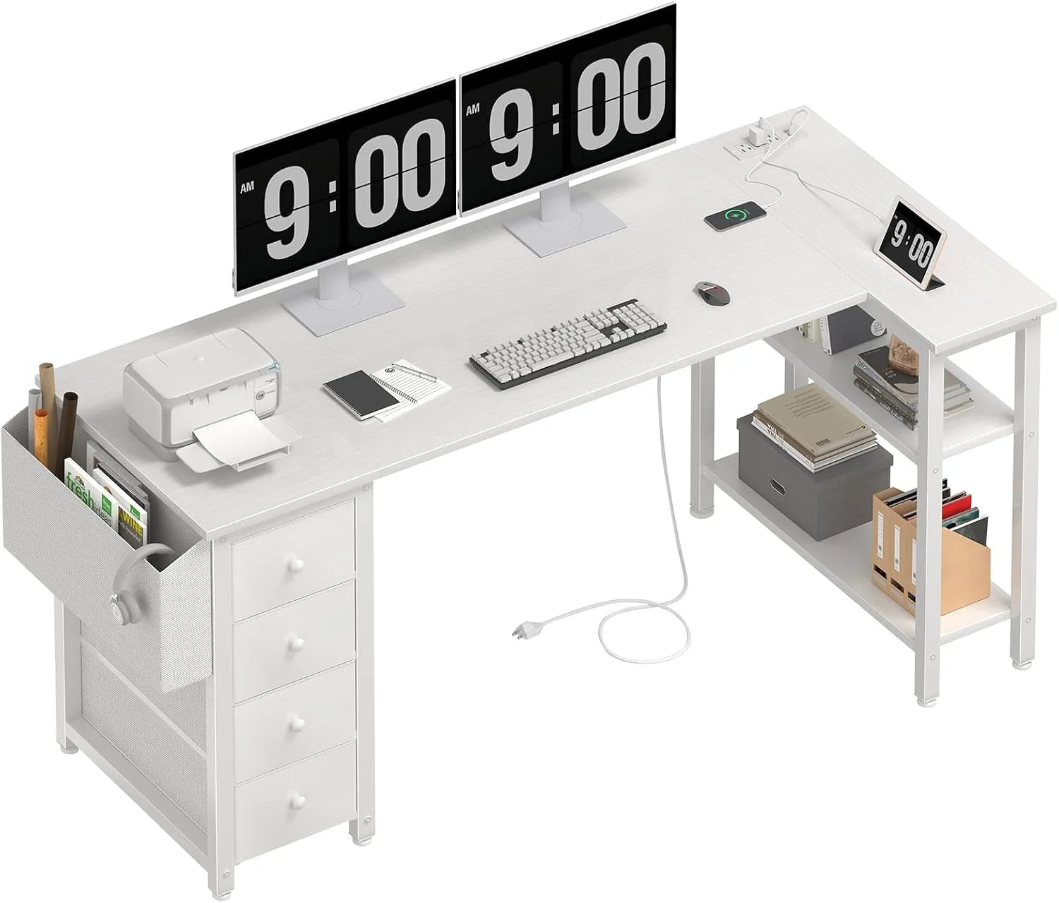 Special Lufeiya White L Shaped Computer Desk with Drawers & Storage Shelves, 47 Inch Corner Reversible Desk with Power Outlet - Image 8