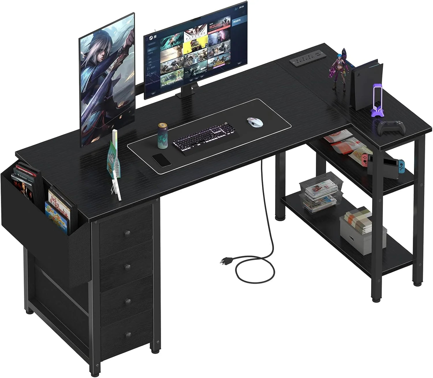 Special Lufeiya White L Shaped Computer Desk with Drawers & Storage Shelves, 47 Inch Corner Reversible Desk with Power Outlet - Image 2