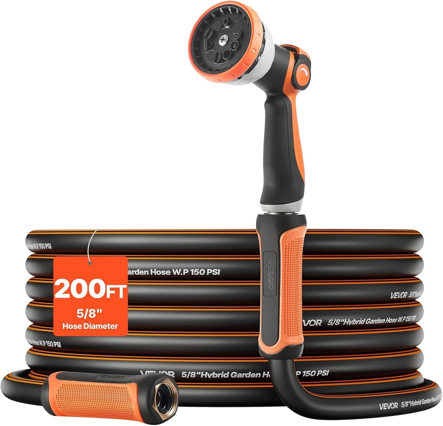 Special VEVOR Garden Hose, 200 ft 5/8 Heavy Duty Rubber Water Hose with 10 Mode Nozzle, 150PSI Working & 600PSI Burst