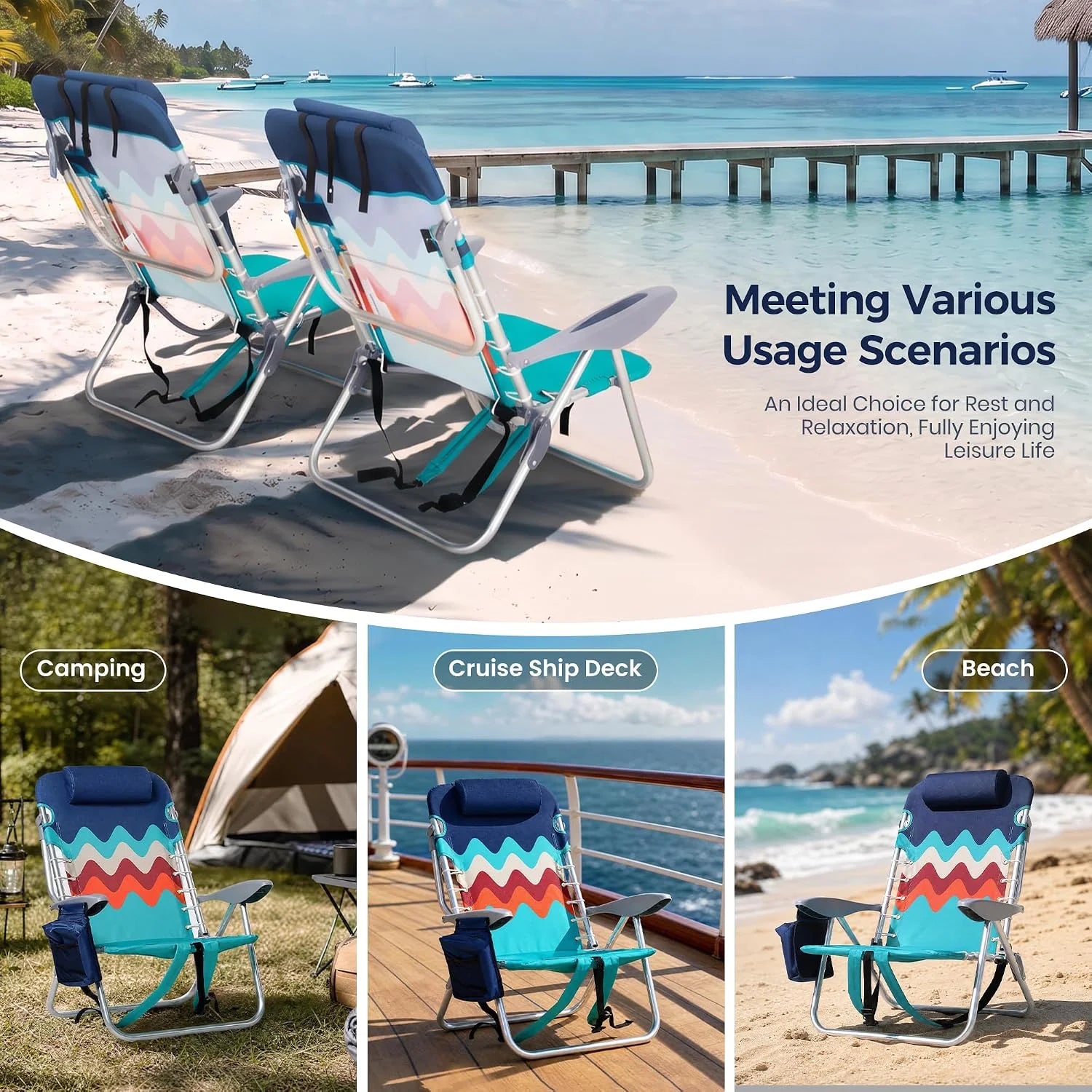 Special PARTY Backpack Beach Chairs 2 Pack Aluminum Lightweight Folding Reclining Beach Chairs, 4 Positions Classic Lay - Image 9