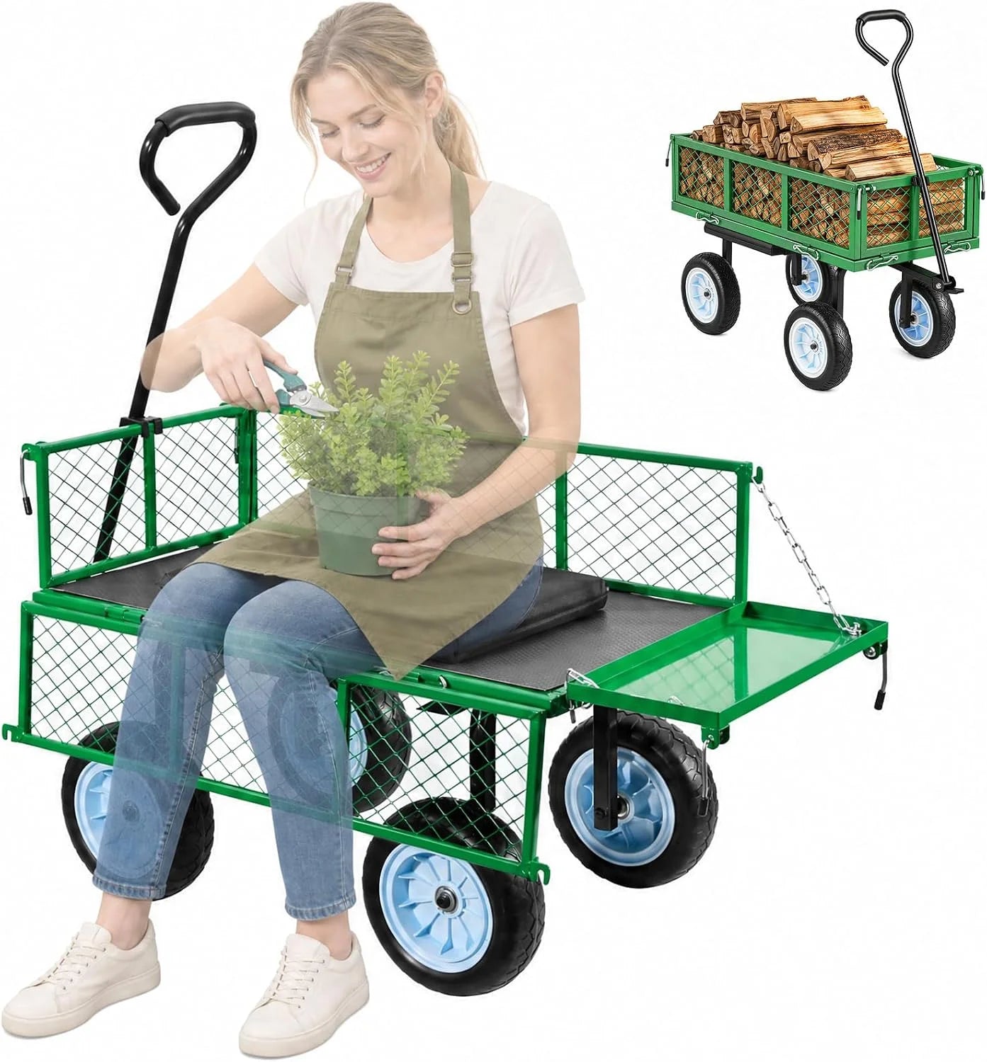 Special VEVOR 500 LBS Steel Garden Cart with Work Seat, Heavy Duty Garden Wagon Cart on Wheels - Image 3