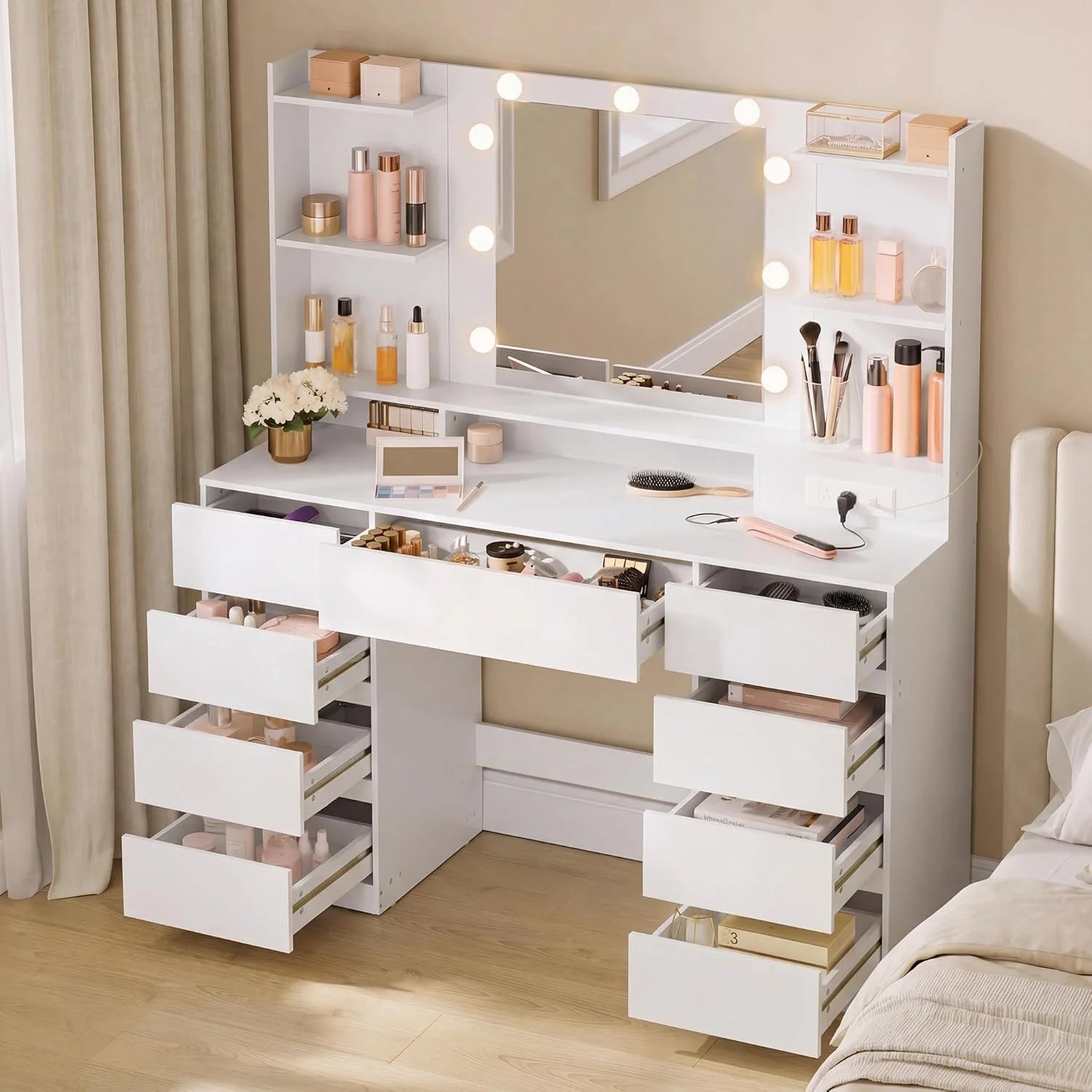 Special VASAGLE KAILYN Collection, Vanity Desk with Mirror and 9 LED Bulbs, Dressing Table with 9 Drawers - Image 9