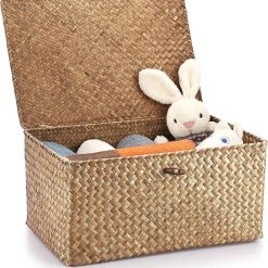 Special Shelf Baskets Bin with Lid Large Handwoven Basket Box, Coffee, Natural Seagrass Storage Baskets