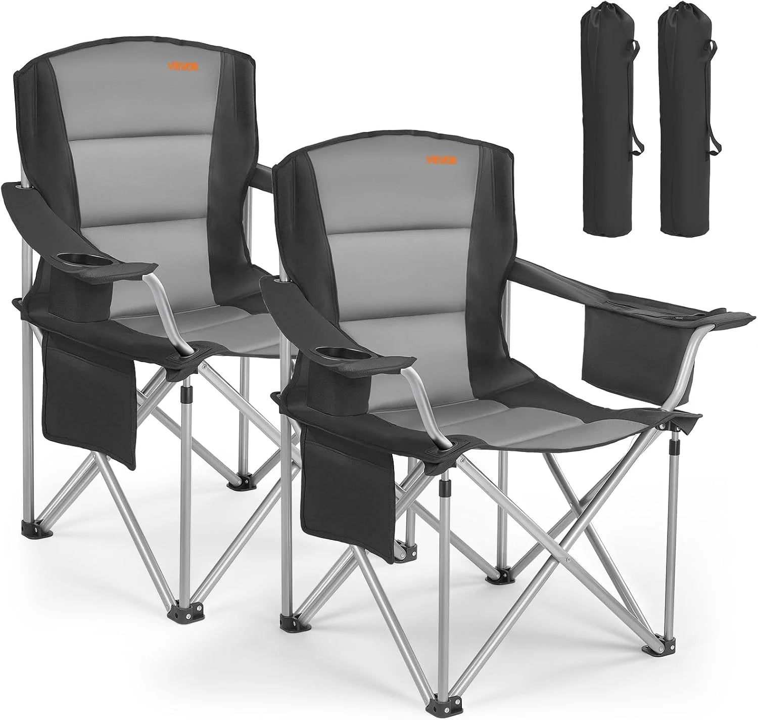 Special Oversized Camping Folding Chair, Portable Heavy Duty Outdoor Quad Lumbar Back Padded with Side Pockets, 2 Pack