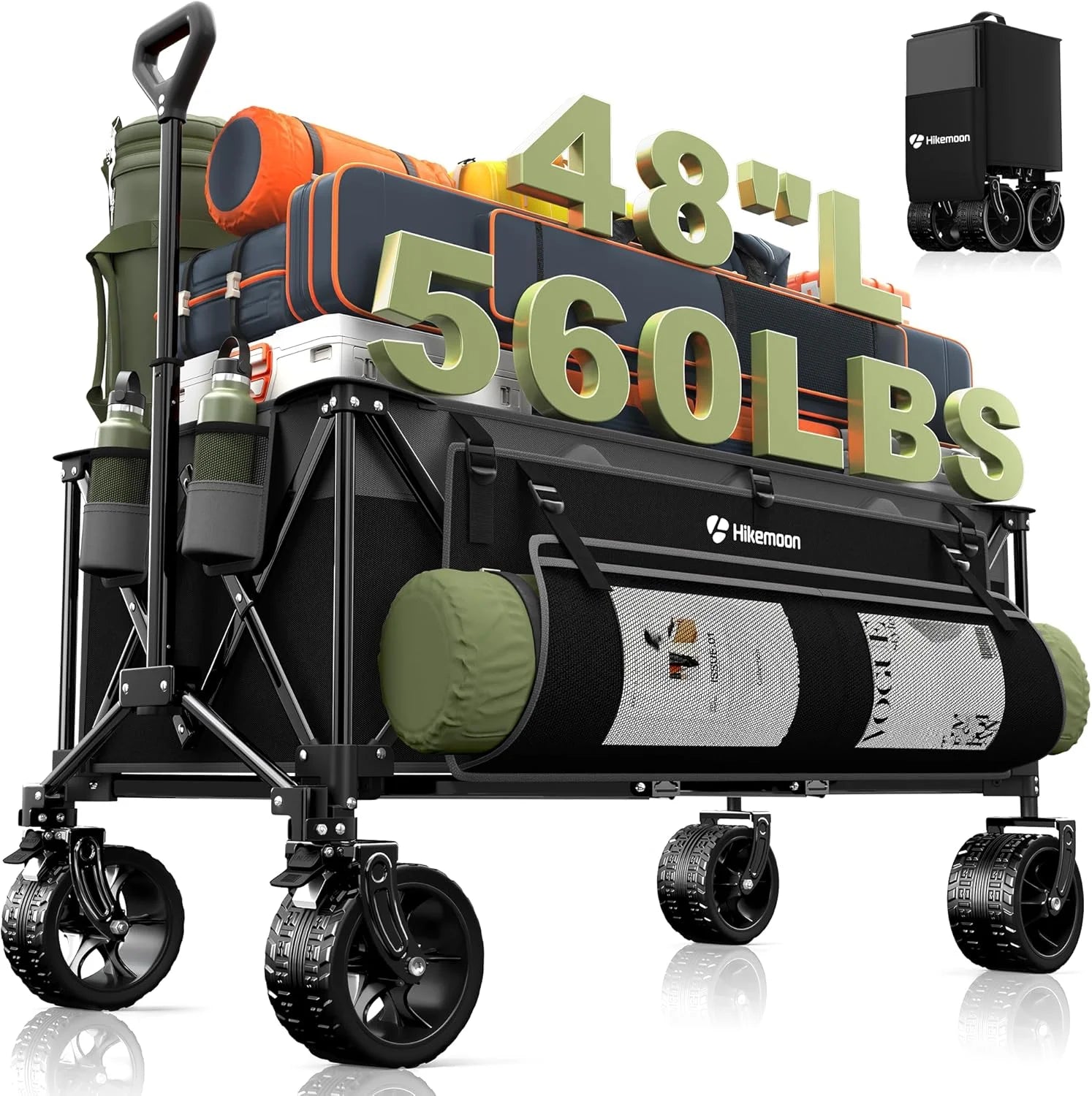 Special HIKEMOON 48" Extra Large Collapsible Wagon with Big Wheels, 300L Black, 560LBS Heavy Duty - Image 5