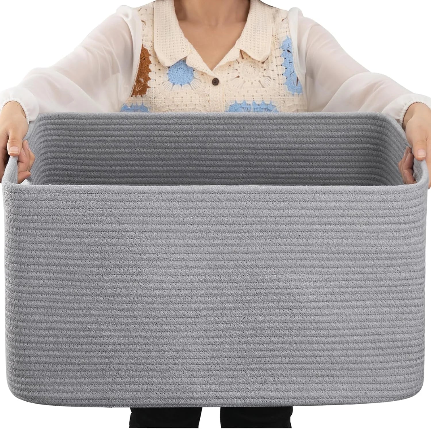 Special Large Blanket Basket, Storage Baskets with Handle, Rectangle Woven Cotton Rope Basket, Toy Organizer Bins, 22 x - Image 14