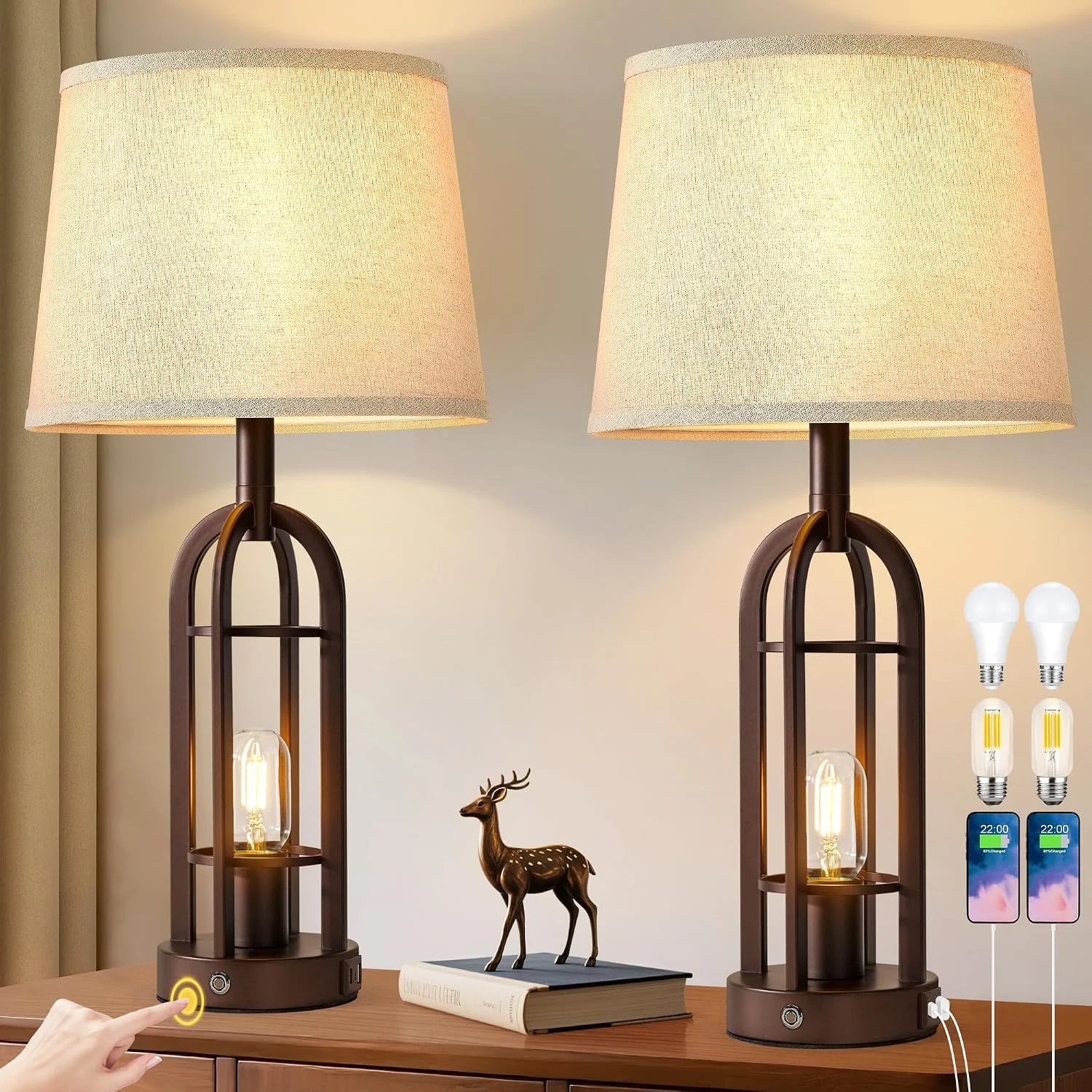 Special Black Table Lamps for Living Room Set of 2, Farmhouse Lamps for Night Stands with USB A+C - Image 2