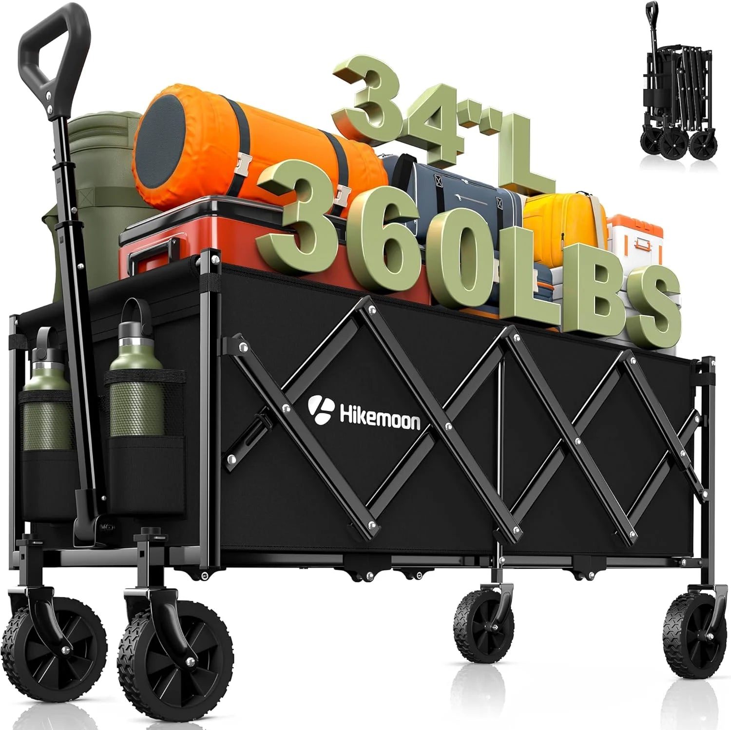 Special 34” Extra Long Folding Portable Wagon Cart, 120L 360LBS Black, Heavy Duty - Image 6