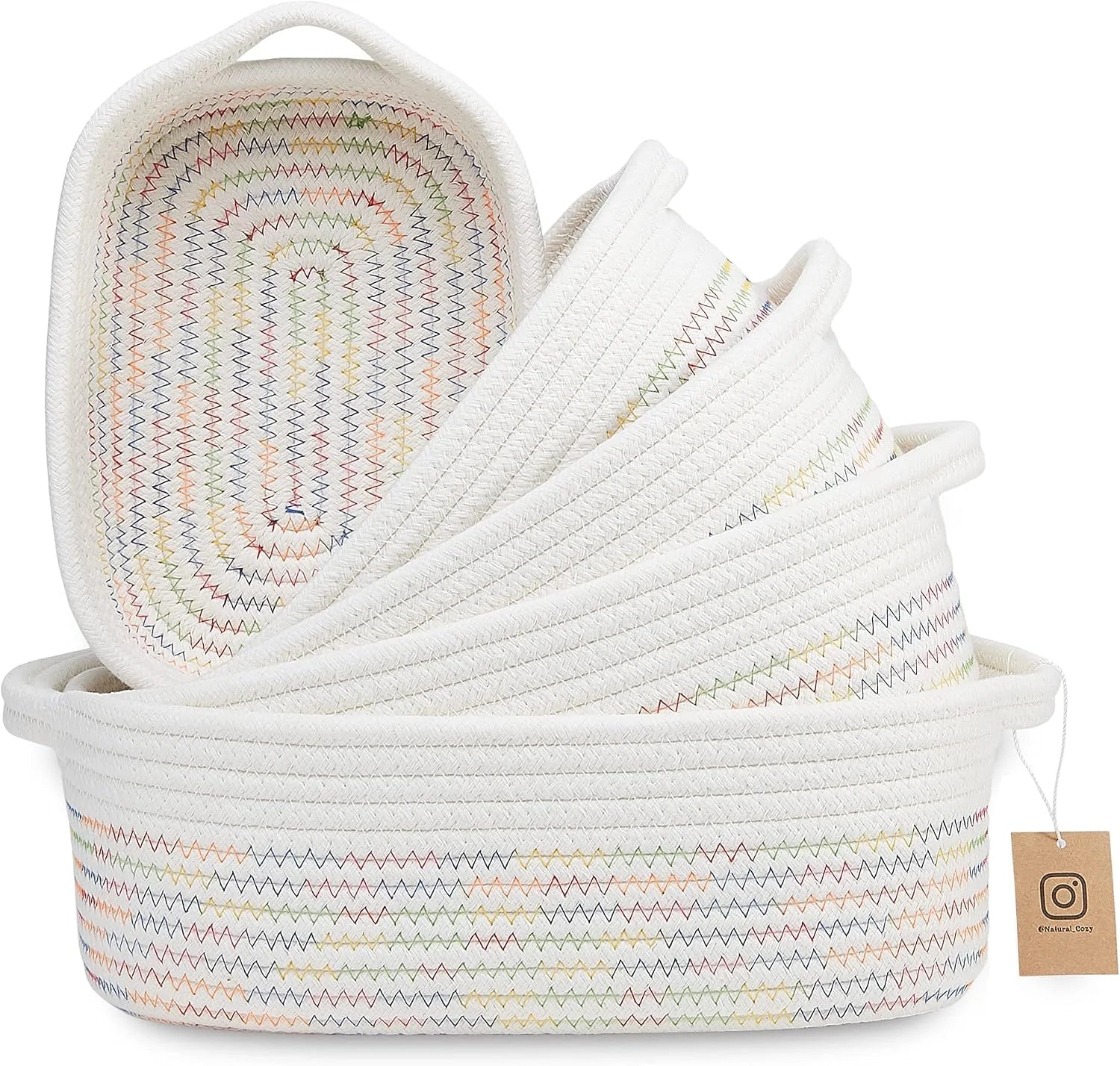 Special 5-Piece Rectangle Storage Basket Set- Natural Cotton Rope Woven for Organizing! Small Basket - Image 3