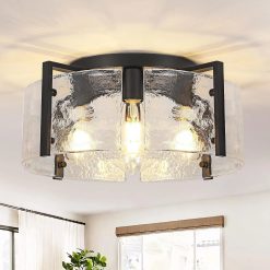 Special Modern Gold Semi Flush Mount Ceiling Light, Dimmable, 3-Light Farmhouse Glass Drum Light Fixture