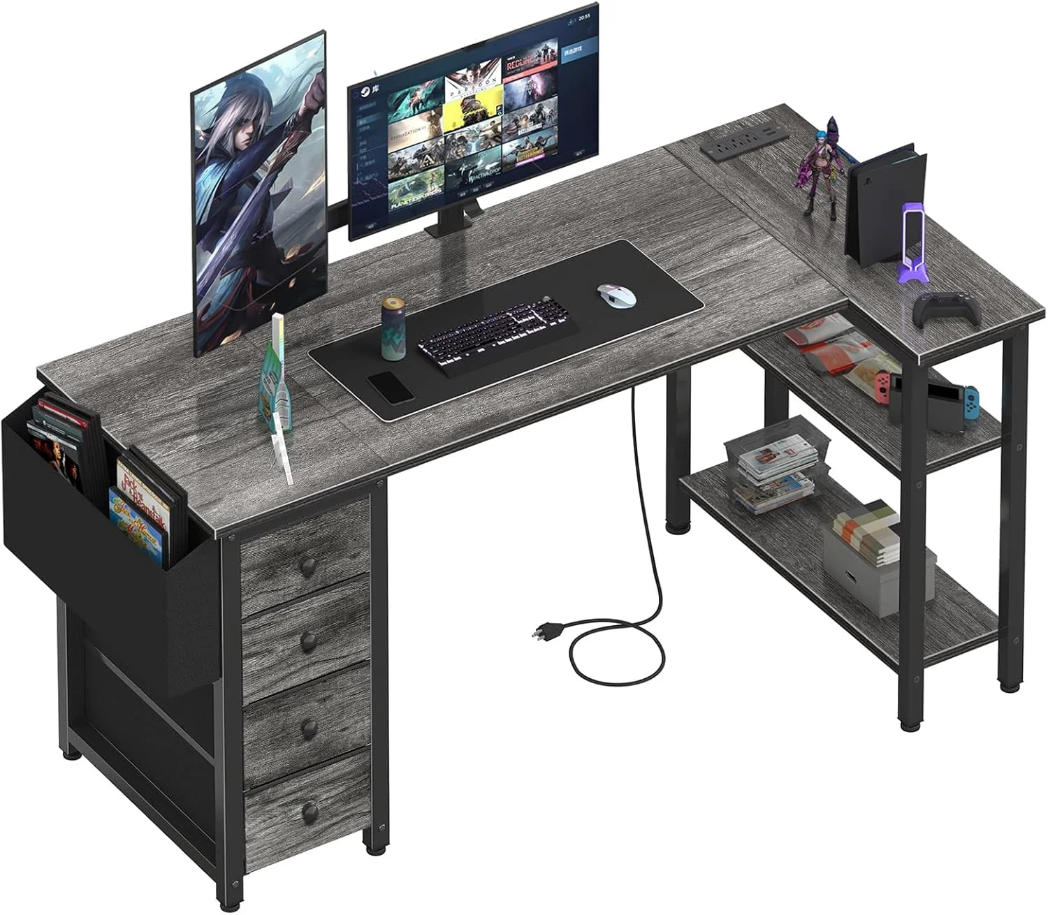 Special Lufeiya White L Shaped Computer Desk with Drawers & Storage Shelves, 47 Inch Corner Reversible Desk with Power Outlet