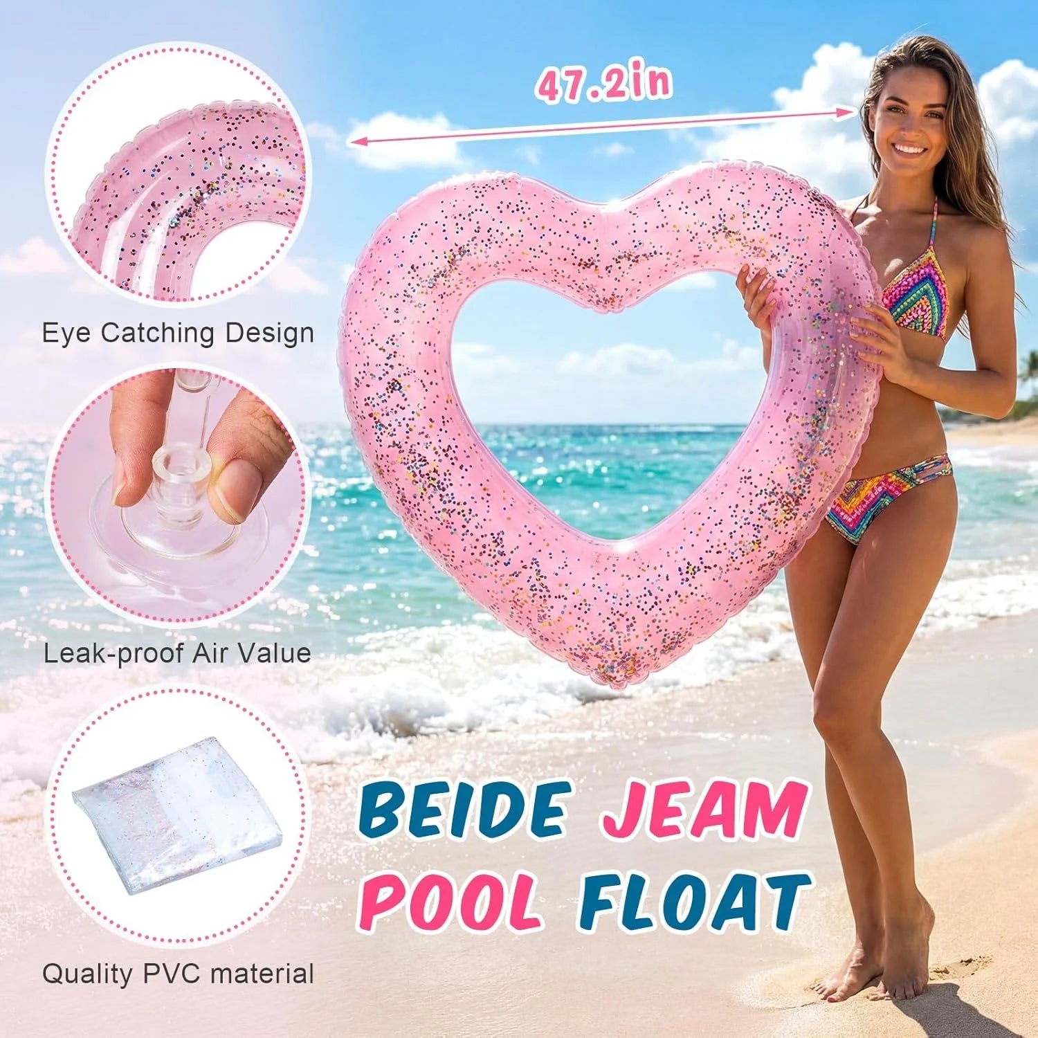 Special 5 Pcs Bachelorette Pool Floats Set, Bride Pool Party Decor: 72 Glitter Bride Raft Lounger & 4 Heart Swim Rings - Image 5