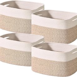 Special Baskets for Organizing 12.5×9.1×7.9 (4 Packs) Off White, Storage Bin for Shelves, Woven Cotton Rope Basket