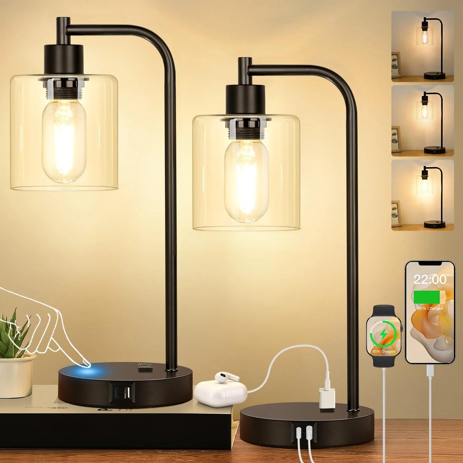 Special Set of 2 Industrial Touch Control Table Lamps with USB C+A Ports and AC Outlet, Dimmable, Bulb Included - Image 10