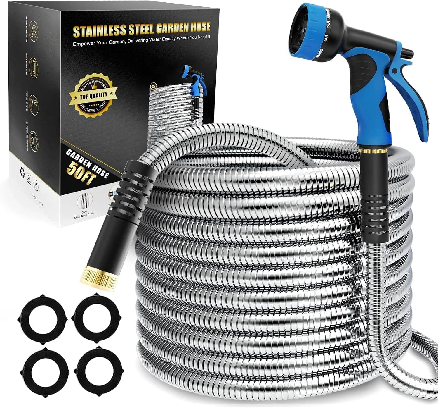 Special 150ft Stainless Steel Garden Hose, No-Kink Leak-Proof Crush Resistant, 10-Function Nozzle for Lawn Care - Image 5