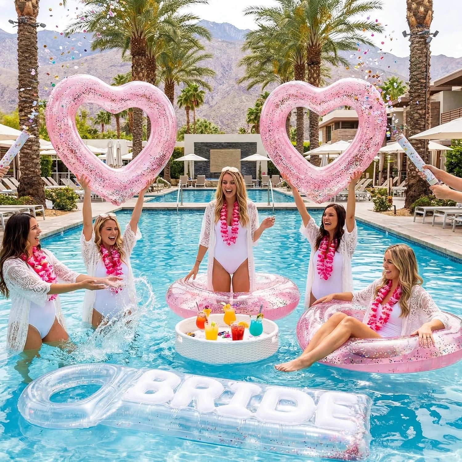 Special 5 Pcs Bachelorette Pool Floats Set, Bride Pool Party Decor: 72 Glitter Bride Raft Lounger & 4 Heart Swim Rings - Image 6