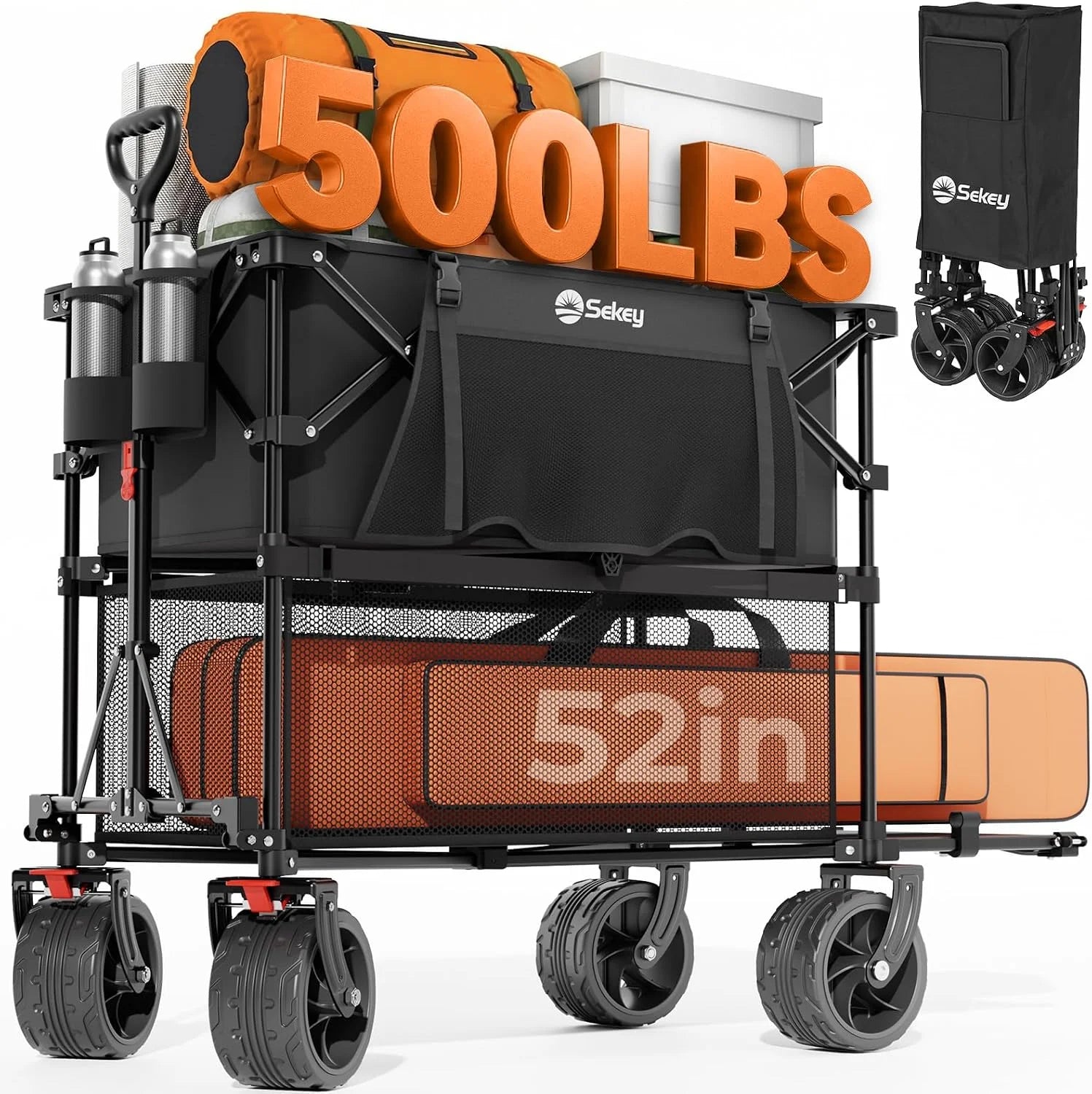 Special Sekey Double Decker Wagon, 500LBS Heavy Duty Collapsible Utility Cart with 400L Capacity & Extended Lower Shelf