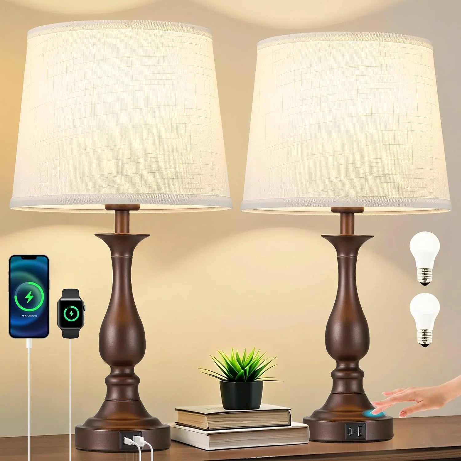 Special Bedside Table Lamp Touch Control Bedroom Lamps with USB A and C Charging Port 3 Way Dimmable Touch Lamps for Nightstand - Image 9