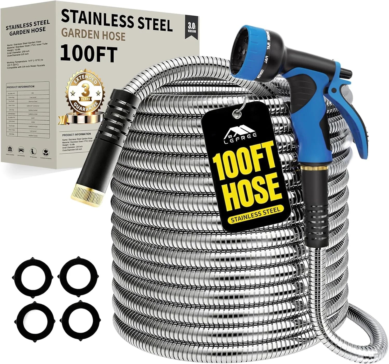 Special 150ft Stainless Steel Garden Hose, No-Kink Leak-Proof Crush Resistant, 10-Function Nozzle for Lawn Care