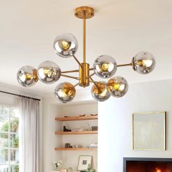 Special 6-Light Glass Globe Sputnik Chandelier Modern Matte Black and Gold Ceiling Light Fixture Vintage Hanging