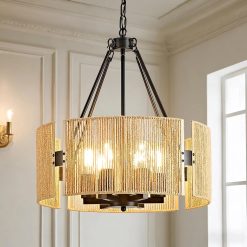 Alternative view of Special Large Farmhouse Chandeliers for Dining Room, 6-Light 19.7″ Rattan Boho Chandeliers with Wicker Lampshade