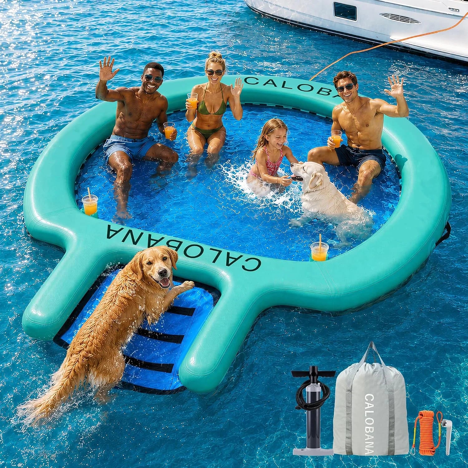 Special CALOBANA Water Hammock with Dog Boat Ramp, Inflatable Round Floating Ring for Adults Pets Heavy Duty Floating Dock