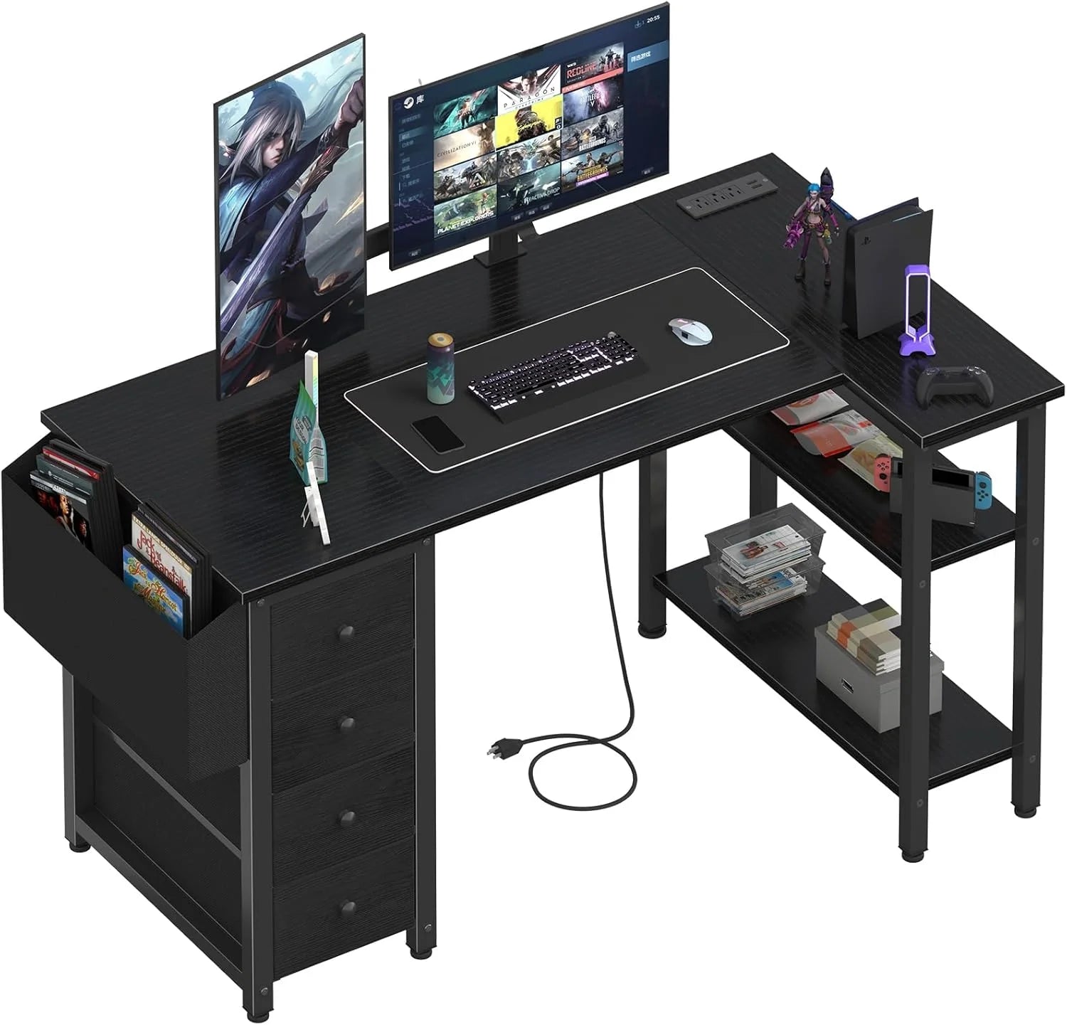 Special Lufeiya White L Shaped Computer Desk with Drawers & Storage Shelves, 47 Inch Corner Reversible Desk with Power Outlet - Image 9