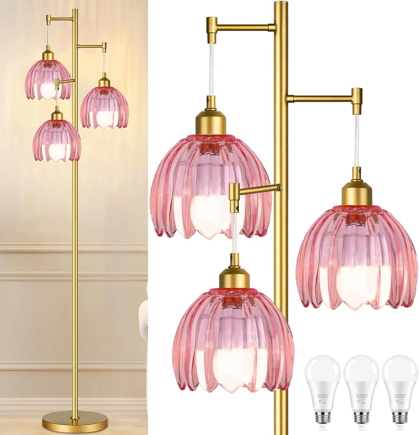 Special ZECOXOL Vintage Floor Lamp for Living Room Bedroom-3 Light Glass Floor Lamp with Three Led Bulb - Image 15