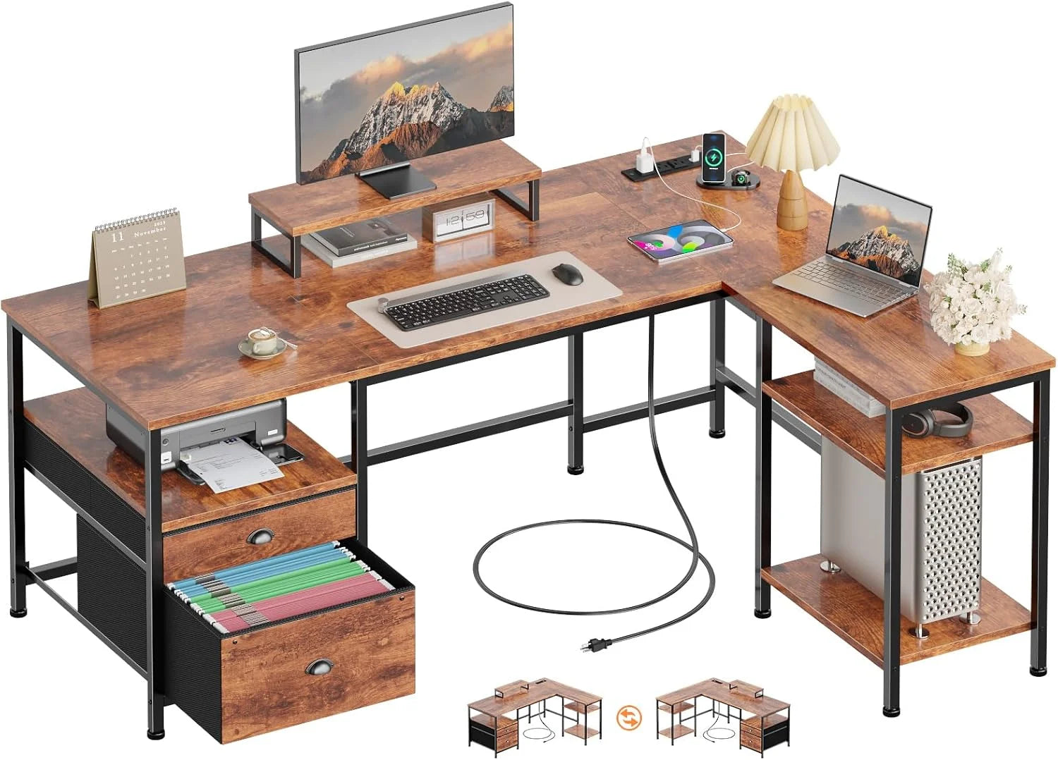 Special Furologee 66" L Shaped Desk with Power Outlet, Reversible Home Office Desk with File Drawer, 2 Monitor Stands