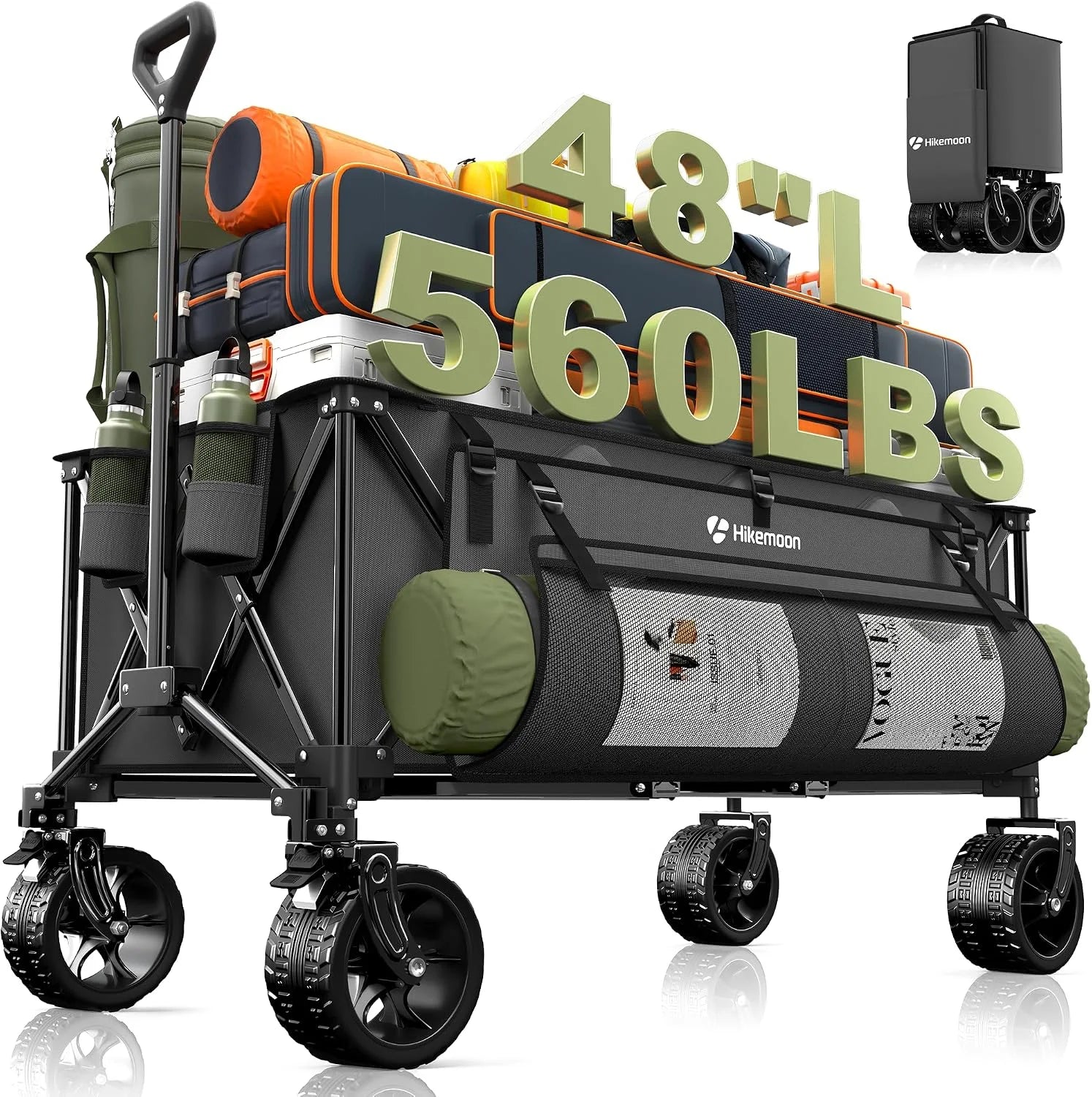 Special HIKEMOON 48" Extra Large Collapsible Wagon with Big Wheels, 300L Black, 560LBS Heavy Duty